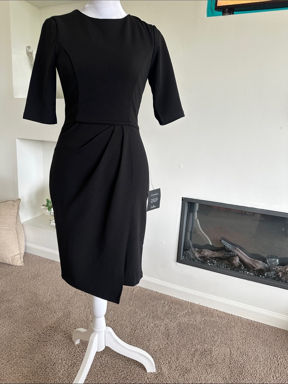 Lulu's Black Midi Sheath Dress with Draped Front - Picture 4 of 7